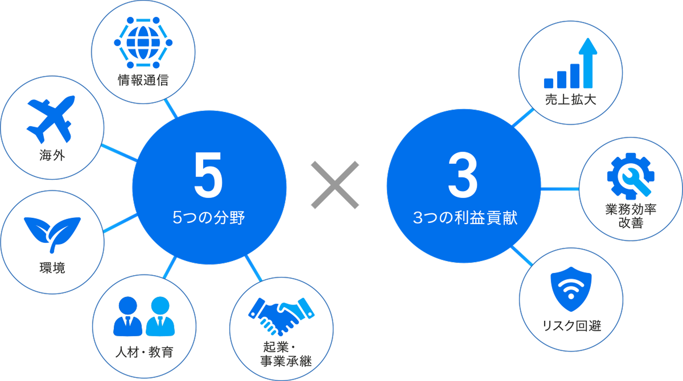 情報通信、海外、環境、人材・教育、起業・事業承継の5分野と売上拡大、業務効率改善、リスク回避の3つの利益貢献の図